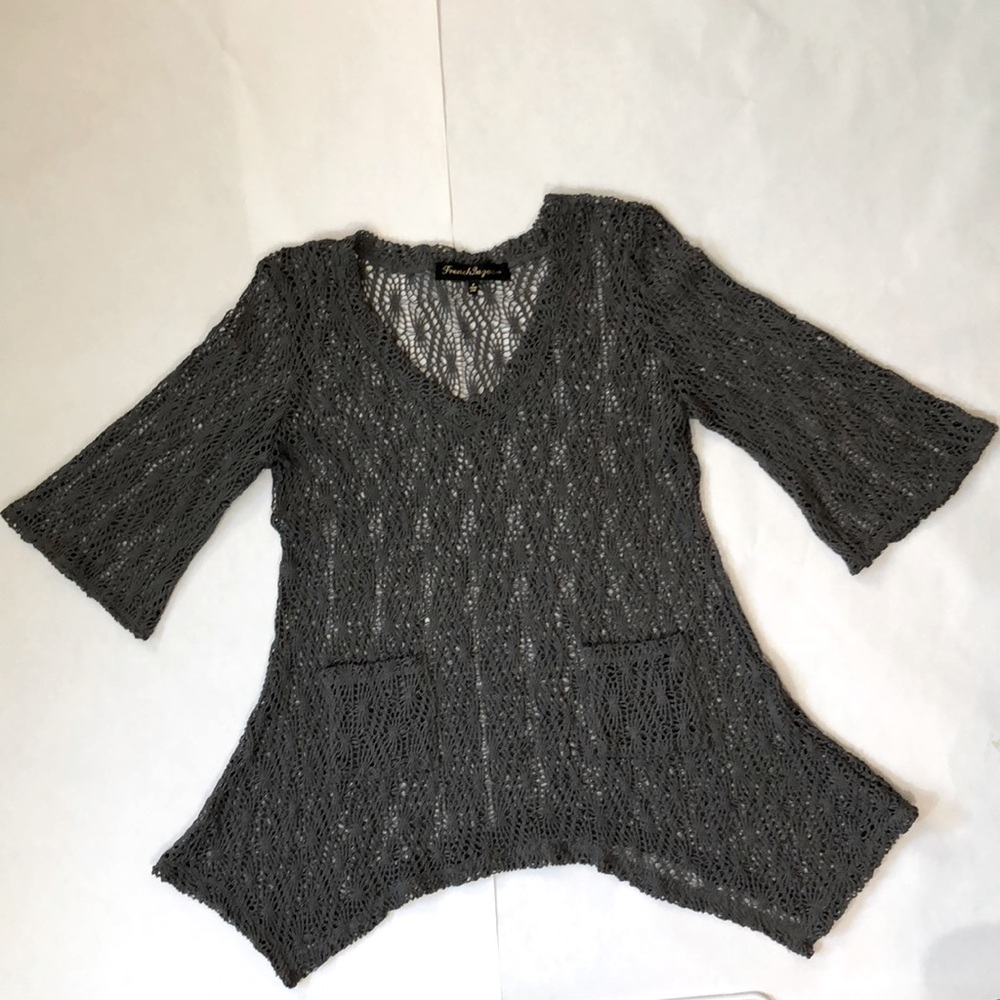 French Bazaar Crochet Grey Sweater Top Sz M